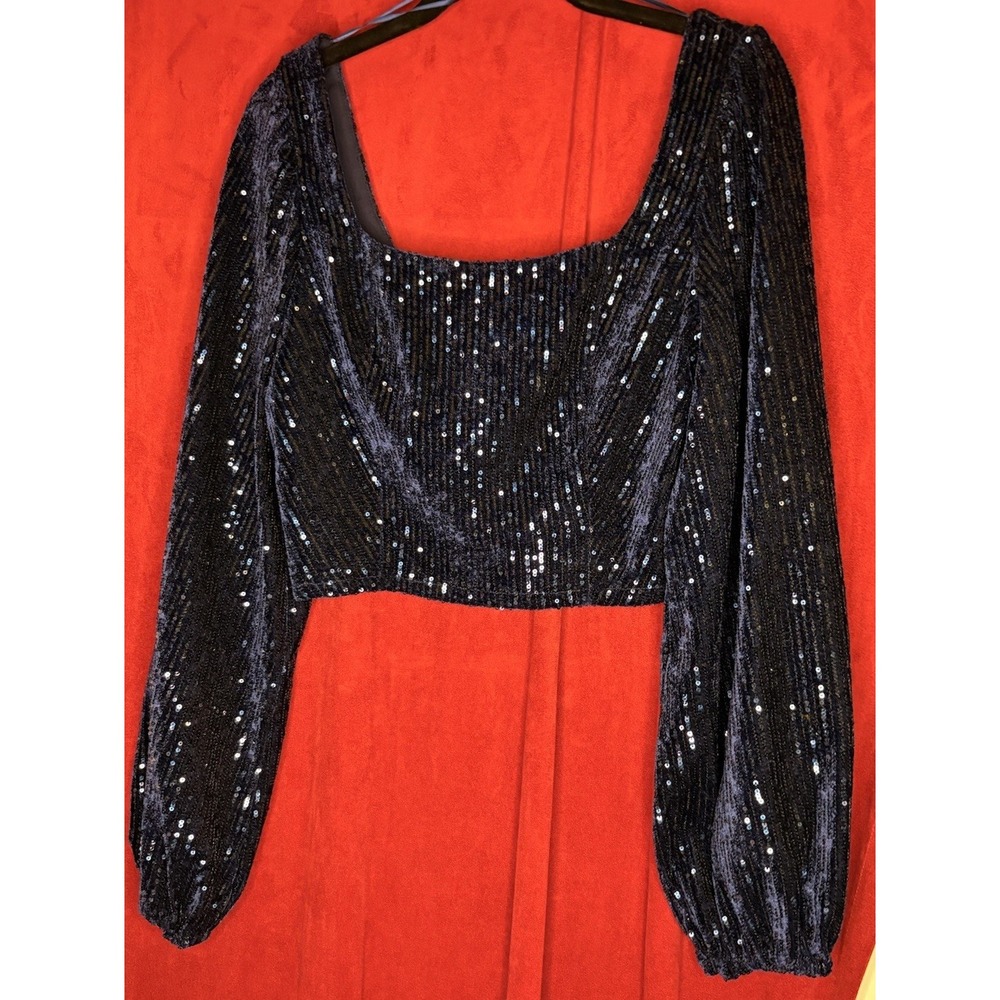 Altar'd State Melody Sequin Corset Puff Sleeves Top Navy Women's Size Medium